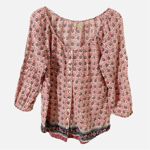 Lucky Brand Floral Print Three Quarter Sleeve Button Front Scoop Neck Blouse
🩷💙 - Picture 1 of 11